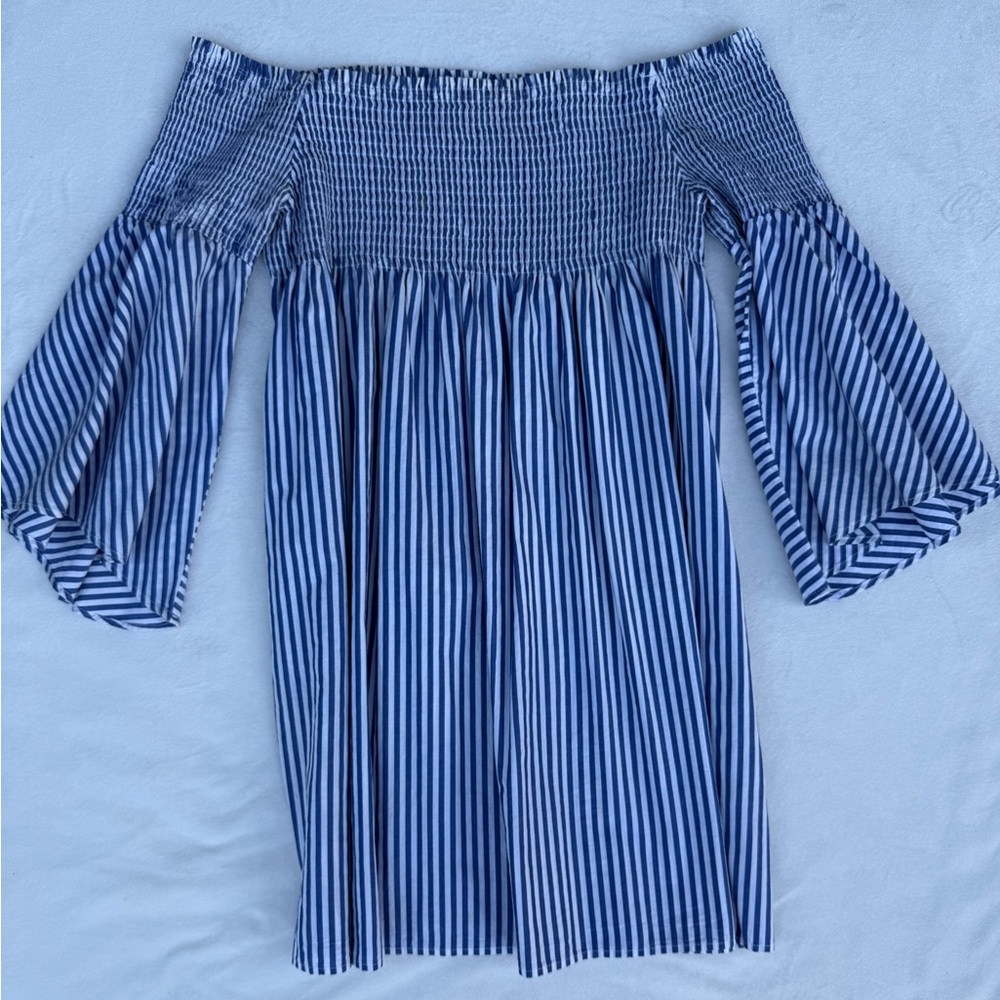 Zara Blue and White Striped off the shoulder mini dress